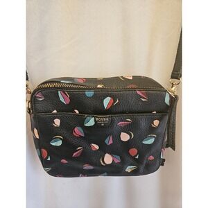 Fossil Crossbody Bag – Black Pebbled Leather with‎ Colorful Abstract Print
